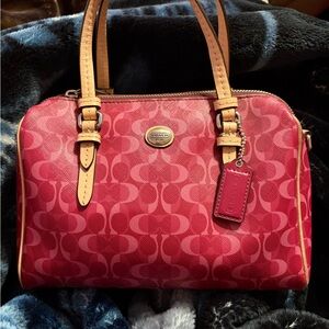 Gorgeous vintage Coach Pink & tan leather trim Signature Canvas satchel